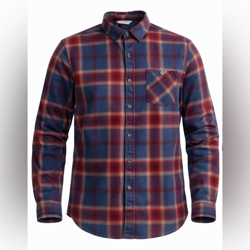 Columbia Flannel Shirt Mens Large Navy & Red Long Sleeve Button Casual Stretch